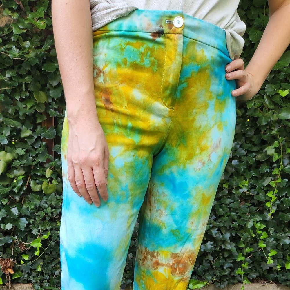 hand-tie-dyed pants, size 10, ankle cut -- yellow and light blue